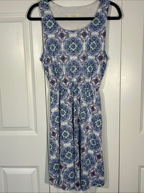 Everly Blue and Aqua Patterned Sleeveless Midi Dress
